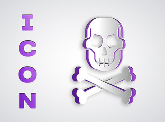 Paper cut Skull on crossbones icon isolated on grey background. Happy Halloween party. Paper art style. Vector.
