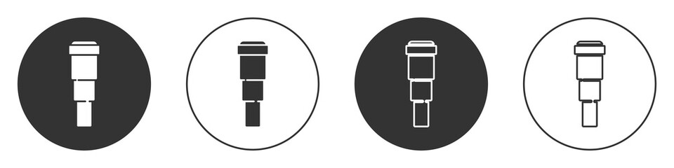 Black Spyglass telescope lens icon isolated on white background. Sailor spyglass. Circle button. Vector.