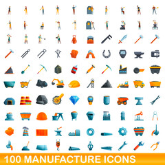 100 manufacture icons set. Cartoon illustration of 100 manufacture icons vector set isolated on white background