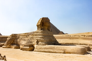 Fototapeta na wymiar Egypt, Giza, Sphinx statue in the desert of ancient Cairo.