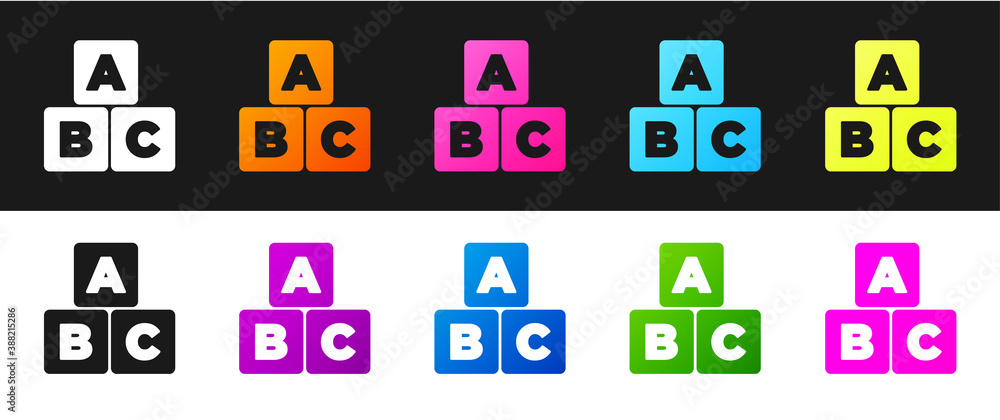 Poster set abc blocks icon isolated on black and white background. alphabet cubes with letters a,b,c. vecto