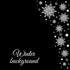 Winter greeting card with white snowflakes and glowing on black. Vector holidays background, celebrations poster