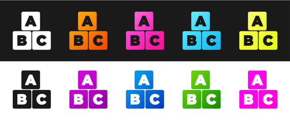 Set ABC blocks icon isolated on black and white background. Alphabet cubes with letters A,B,C. Vector.