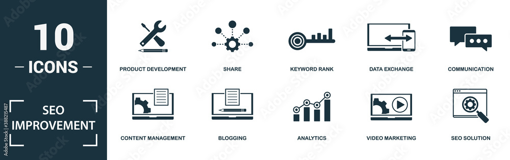 Poster seo improvement icon set. monochrome sign collection with speed optimization, sync, web development,