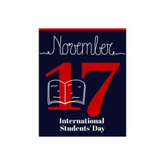 Calendar sheet, vector illustration on the theme of International Students' Day on November 17. Decorated with a handwritten inscription NOVEMBER and outline book icon.