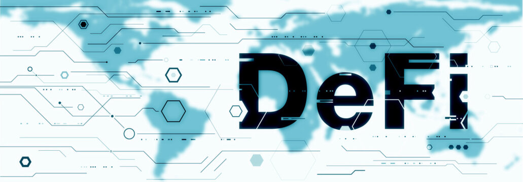 DeFi - Decentralized Finance and Crypto Finance Industry on world map background, futuristic wide banner concept