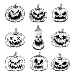 Set of Illustrations of scary halloween pumpkin. Design element for poster,card, banner, sign, emblem. Vector illustration