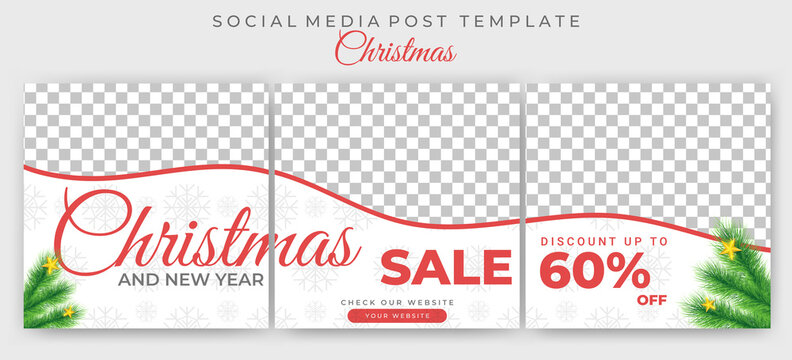 Set of editable square banner templates. Christmas sale post template design with photo collage. Usable for social media post, story and web internet ads.