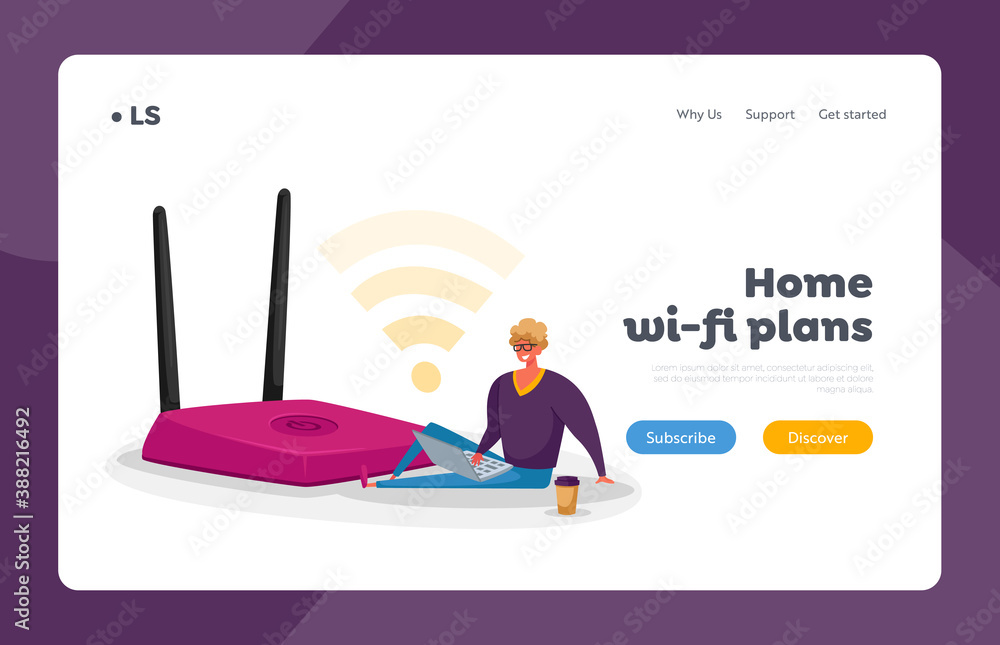 Poster man work on pc, modern networking landing page template. tiny man with laptop and coffee cup sitting