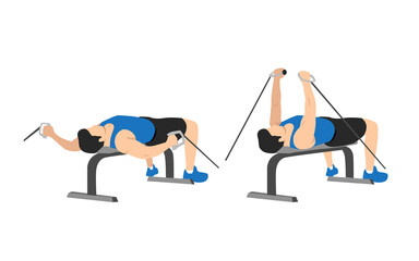 Man doing bench cable flies. Chest day exercise. Flat vector illustration isolated on different layers