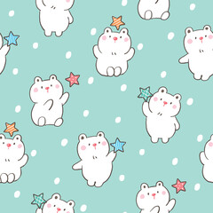 Seamless Pattern with Cartoon White Bear and Star Design on Pastel Green Background
