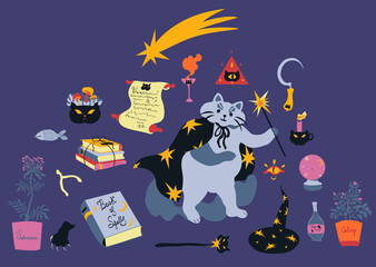 Bright Halloween cute wizard cat and his magical items vector illustration set. Kawaii magic cat, Halloween illustration, for kids
