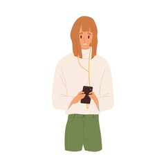 Woman read bad news on the cellphone. Female character emotion after listening disappointing message. Stressed teenager holding phone. Vector illustration in flat cartoon style