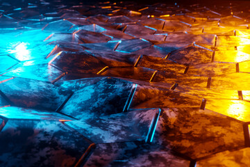Fototapeta na wymiar Blue and orange glowing hexagons background pattern on textured metallic surface 3D rendering