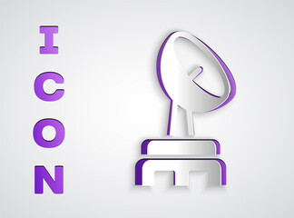 Paper cut Radar icon isolated on grey background. Search system. Satellite sign. Paper art style. Vector.