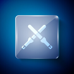 White Marshalling wands for the aircraft icon isolated on blue background. Marshaller communicated with pilot before and after flight. Square glass panels. Vector.