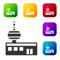 Black Airport control tower icon isolated on white background. Set icons in color square buttons. Vector.