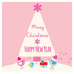 Cute colorful Merry Christmas greeting card with lettering. Happy birds with Santa hats, snow, present and Xmas tree illustration on pink background. Vector design element. Great for stickers, labels
