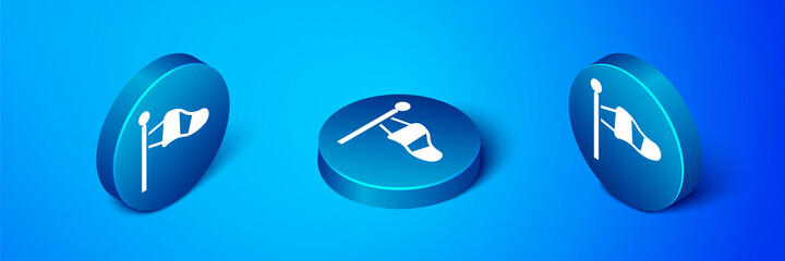 Isometric Cone meteorology windsock wind vane icon isolated on blue background. Windsock indicate the direction and strength of the wind. Blue circle button. Vector.