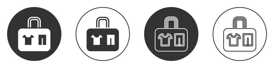 Obraz premium Black Suitcase for travel icon isolated on white background. Traveling baggage sign. Travel luggage icon. Circle button. Vector.