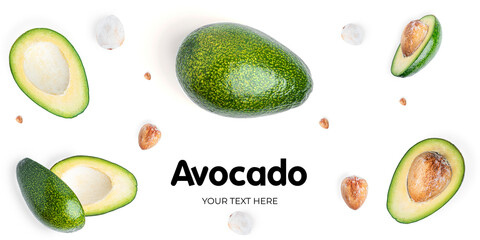 Avocado on white background. Long header banner format. Panorama website header banner. High quality photo