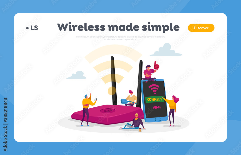 Poster network technology, free wi-fi hotspot landing page template. tiny characters at huge router use int