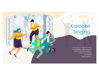 Karaoke singing web banner. Young woman performing song on stage at karaoke bar or night club. Joyful people dancing and having fun at party flat vector illustration