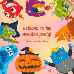 Monster Cartoon Character Banner Social Media Template with Copy Space. Hand drawn vector illustration Monster, Dragon, Slug, Wolf, Devil, Pumpkin, Vampire, Witch. Mystery, All Saints Day concept