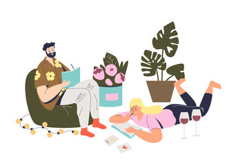 Young couple writing wedding vows while preparing for wedding day event and procedure