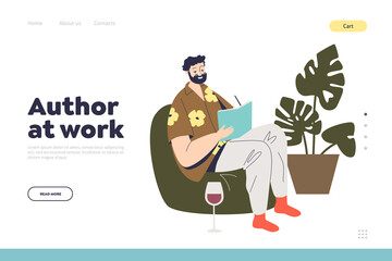 Author at work landing page with cartoon writer creating new novel idea