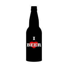 "I love beer" slogan on beer bottle with red heart. For t-shirt and beer glassware design, poster, sticker, packaging, print, web and other use. Black silhouette. Isolated vector illustration, icon.