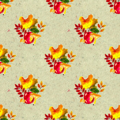 Autumn watercolor hand drawn seamless pattern with leaves mushrooms and pine cones