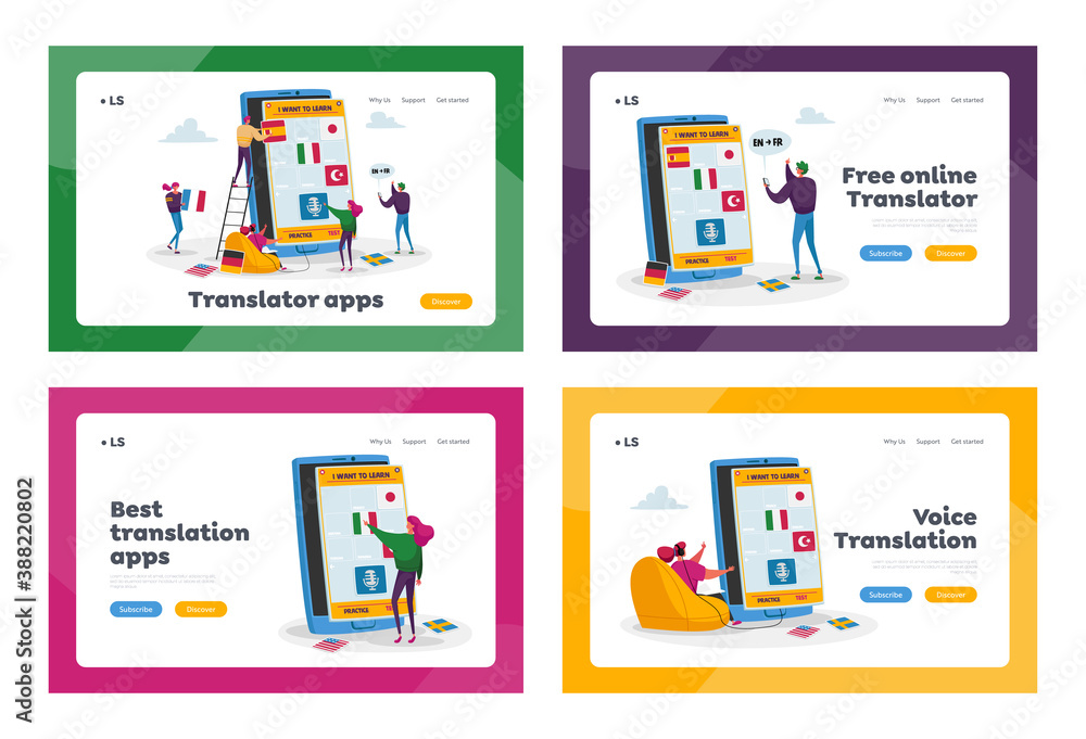 Poster students webinar or online lesson, education landing page template set. tiny characters learn foreig