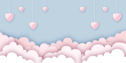 Hintergrund in Papierschnitt, Wolken, Herzen h&auml;ngen von der Decke. Blue Banner, Freisteller. Valentinstag, Muttertag	