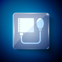 White Blood pressure icon isolated on blue background. Square glass panels. Vector.