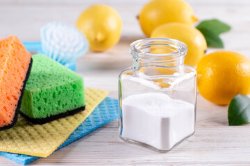 Obraz na płótnie Canvas Eco friendly home cleaning, homemade recipe. Soda, lemon, salt. Zero waste detergent on white background