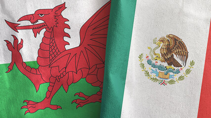 Mexico and Wales two flags textile cloth 3D rendering