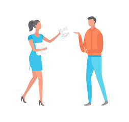 Woman giving paper with notes to man isolated cartoon characters. Businesswoman and manager discussing work problems, shedule document, flat style design