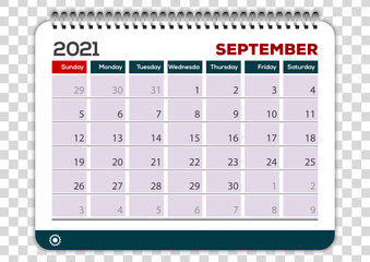 September 2021. Calendar planner design template. Week starts on Sunday	