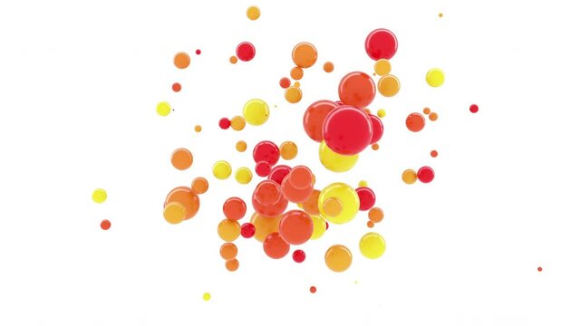 Bubble birth - Bright, colored bubble are born on a white background and fly in different directions. Yellow, red, orange. 3d Animation contains alpha matte