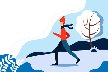 Man jogging in the morning in winter. Concept illustration for healthy lifestyle, exercising, jogging. Vector illustration in flat style.