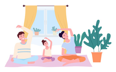 Mother, father and daughter doing yoga in lotus position at home. Happy family leads a healthy lifestyle, joint active pastime, common family sports. Family doing yoga sitting at home on the carpet