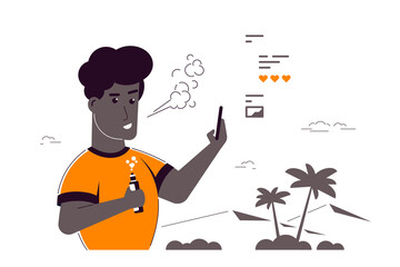 Male Character Enjoying Vape Smoking Outdoor, Flat Style Vector