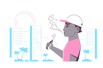 Male Character Enjoying Vape Smoking Outdoor, Flat Style Vector