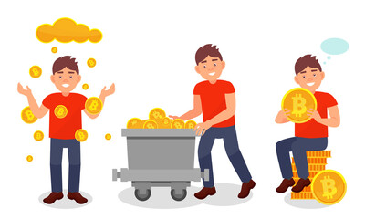 Young Man Mining Bitcoin as Virtual Money Vector Illustration Set