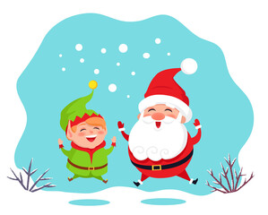 Smiling Elf helper and Santa Claus jumping of joy. Merry Christmas greeting card with funny winter traditional characters wearing costume and hat standing on snowy land near branches with bird vector