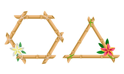 Frames of Corded Bamboo Sticks Decorated with Tropical Plant Vector Set