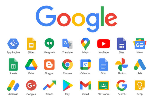 Google products and programs logo on a white background. Google icons collections