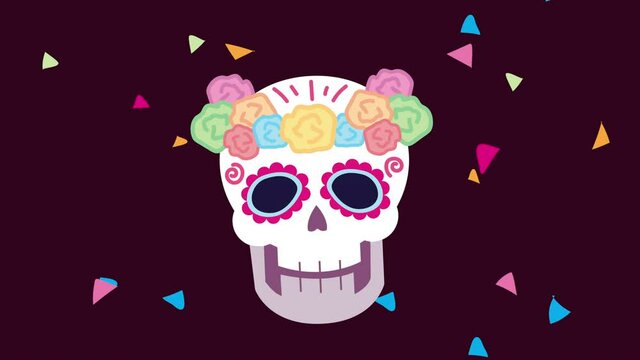 dia de los muertos animation with head skull and flowers