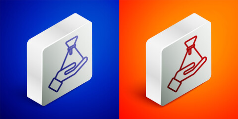 Isometric line Bribe money bag icon isolated on blue and orange background. Bill currency. Silver square button. Vector.